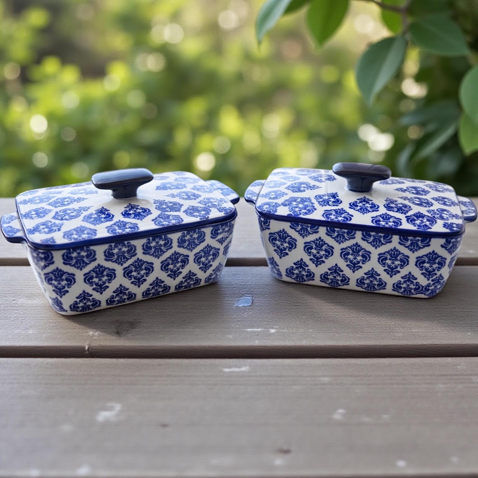 Vintage Blue & White Ceramic Covered Dishes – Set of 2 | Farmhouse Decor | Cottagecore Storage Bowls