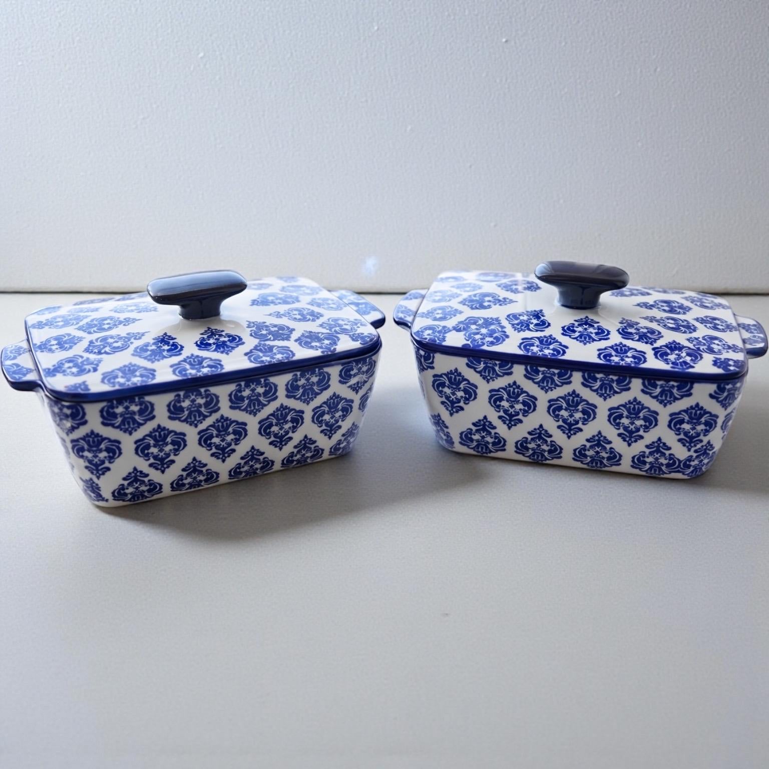 Vintage Blue & White Ceramic Covered Dishes – Set of 2 | Farmhouse Decor | Cottagecore Storage Bowls