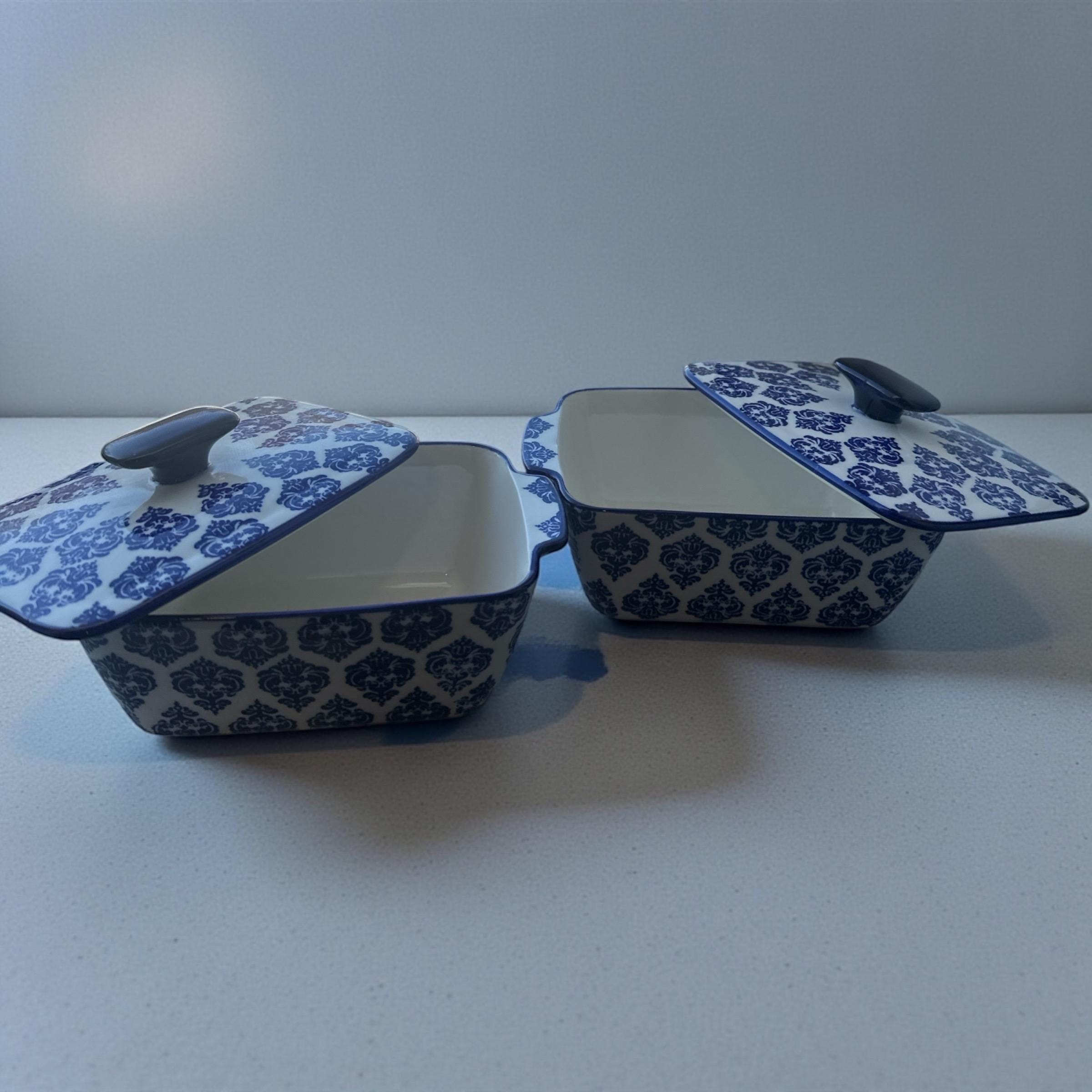 Vintage Blue & White Ceramic Covered Dishes – Set of 2 | Farmhouse Decor | Cottagecore Storage Bowls