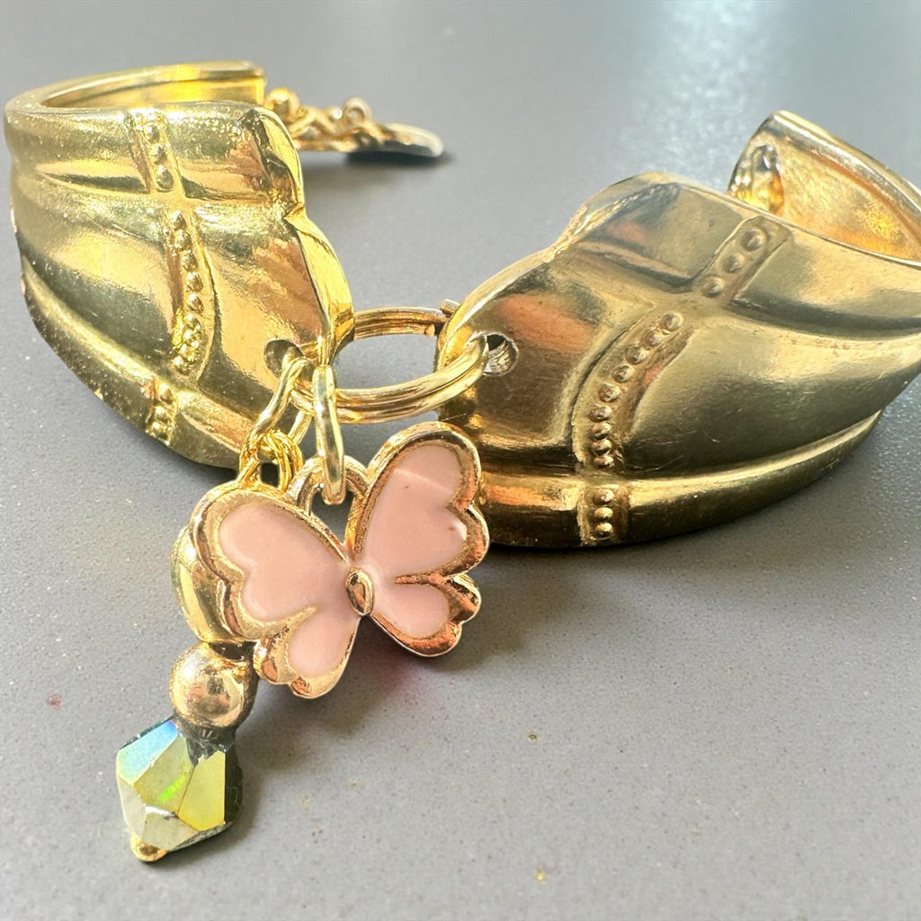 Upcycled Spoon Bracelet Set • Gold Plated, Pink Butterfly Charm velvet gift box included