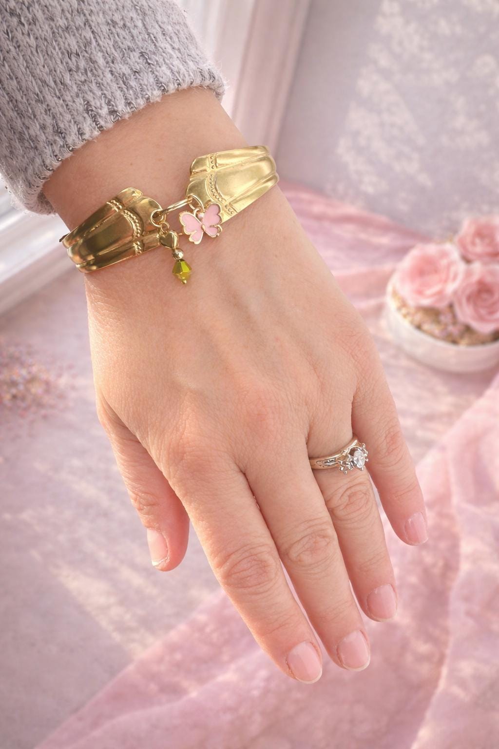 Upcycled Spoon Bracelet Set • Gold Plated, Pink Butterfly Charm velvet gift box included