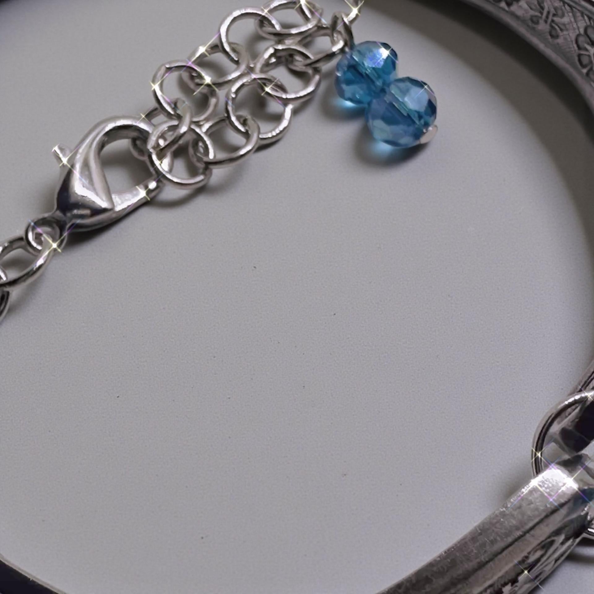 Vintage Spoon Bracelet & Earrings Set – Upcycled Silverware Jewelry with Blue Crystal Beads – Floral Spoon Jewelry Set – Handmade Gift