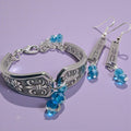 Vintage Spoon Bracelet & Earrings Set – Upcycled Silverware Jewelry with Blue Crystal Beads – Floral Spoon Jewelry Set – Handmade Gift