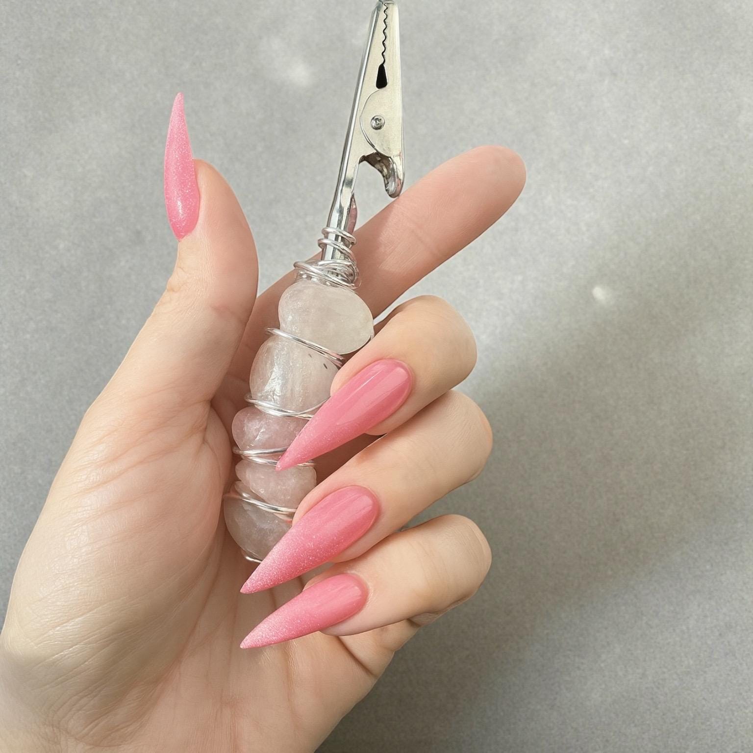 Wire Wrapped Rose Quartz ATM Card Clip | Long Nail Helper