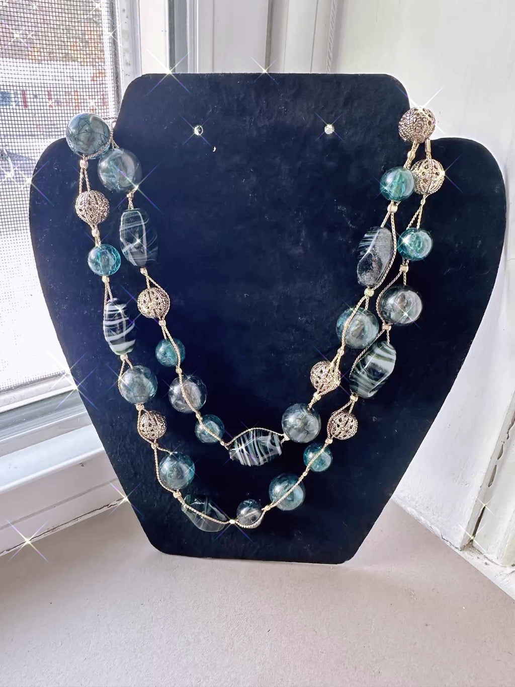 Vintage Liz Claiborne Teal Glass Bead Necklace • Double Strand LC Jewelry