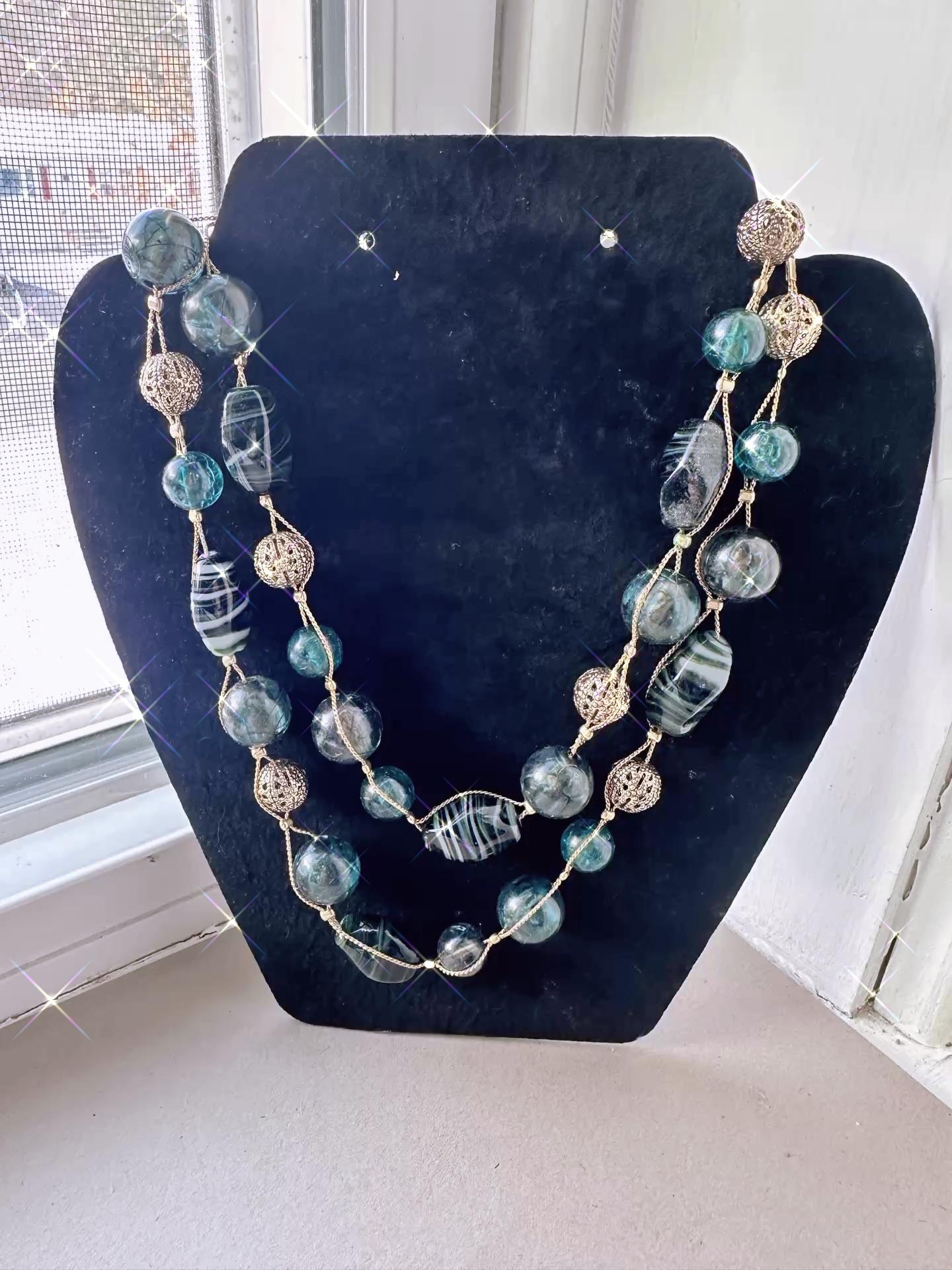 Vintage Liz Claiborne Teal Glass Bead Necklace • Double Strand LC Jewelry