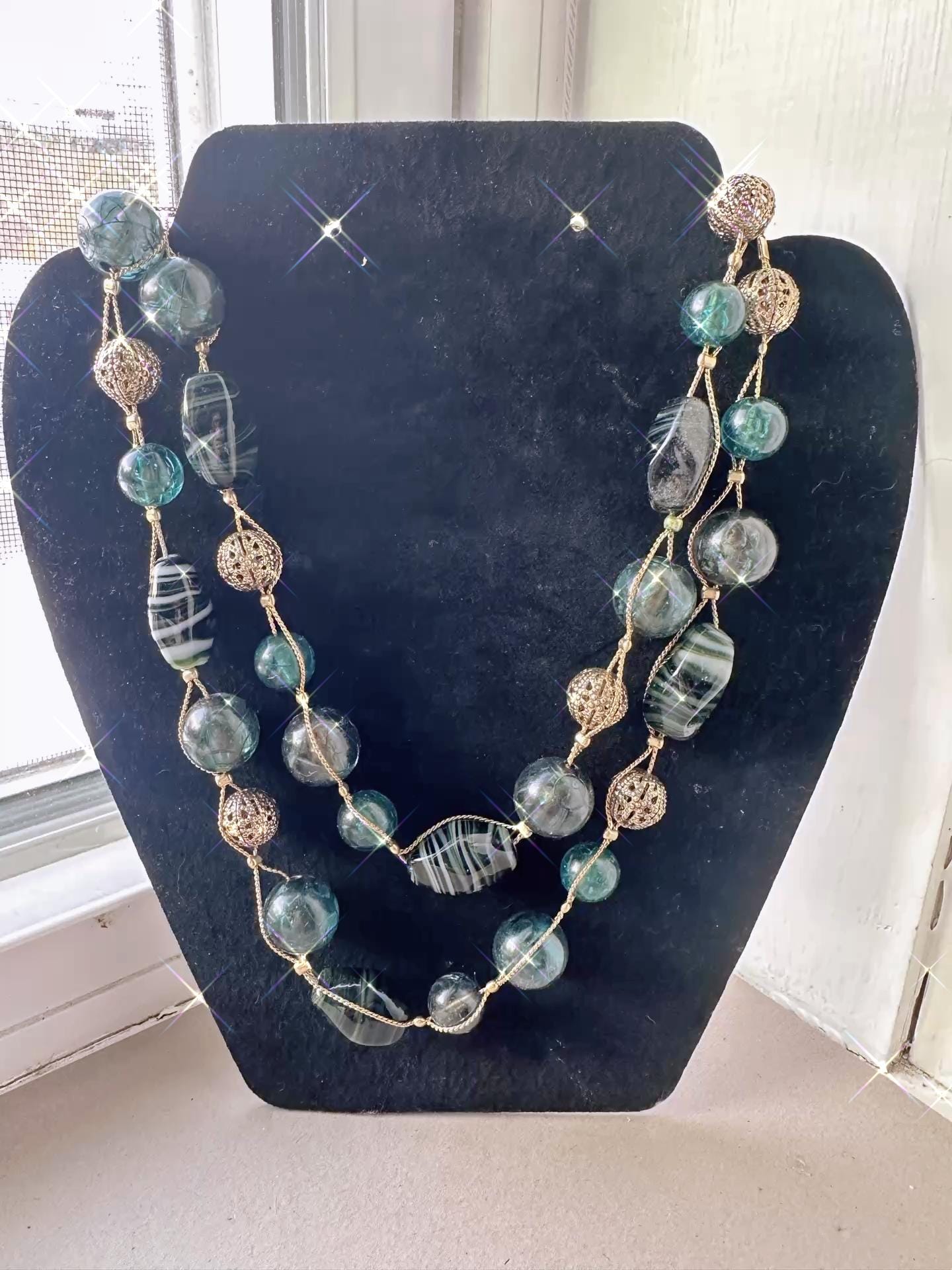 Vintage Liz Claiborne Teal Glass Bead Necklace • Double Strand LC Jewelry