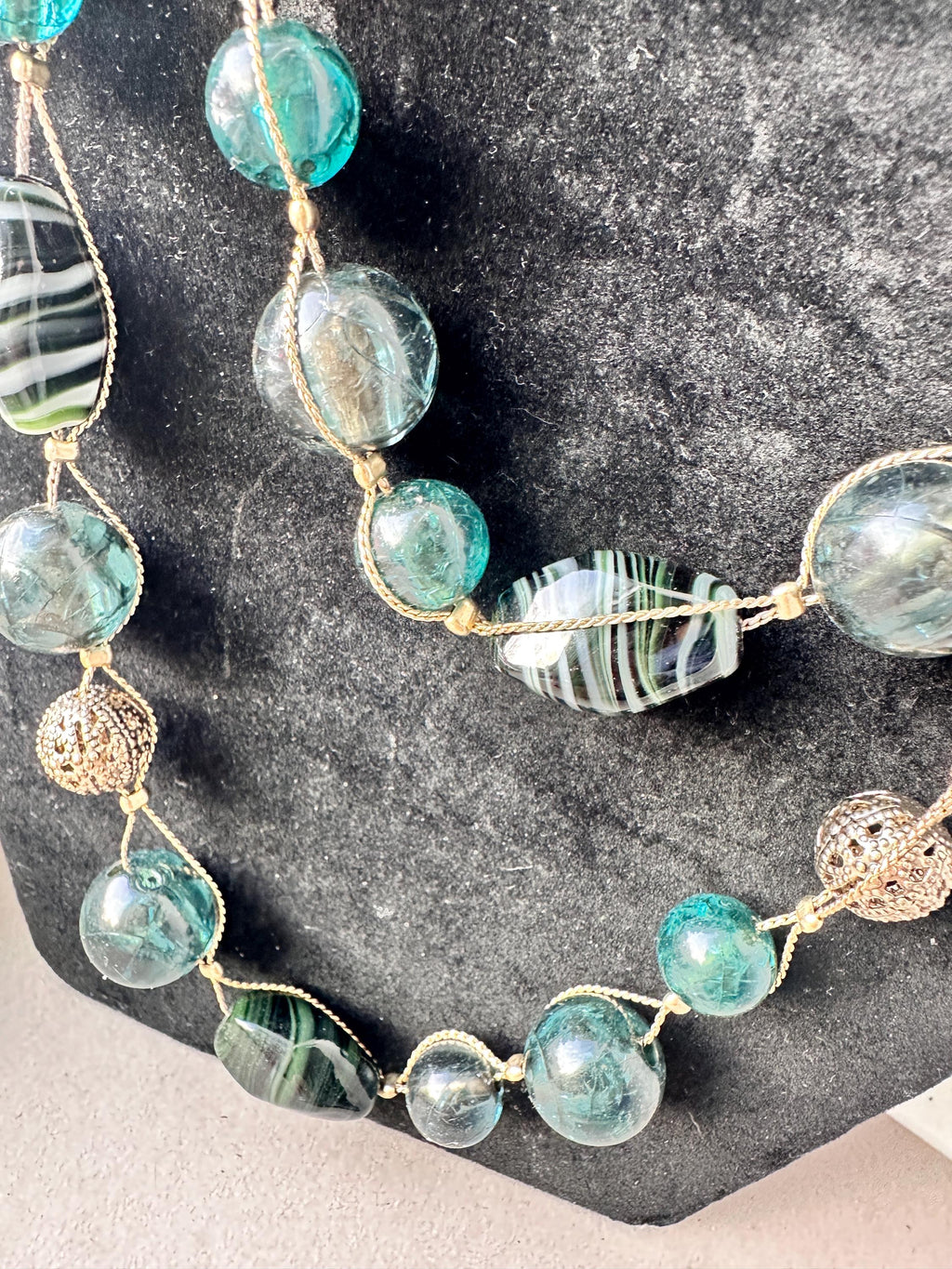 Vintage Liz Claiborne Teal Glass Bead Necklace • Double Strand LC Jewelry
