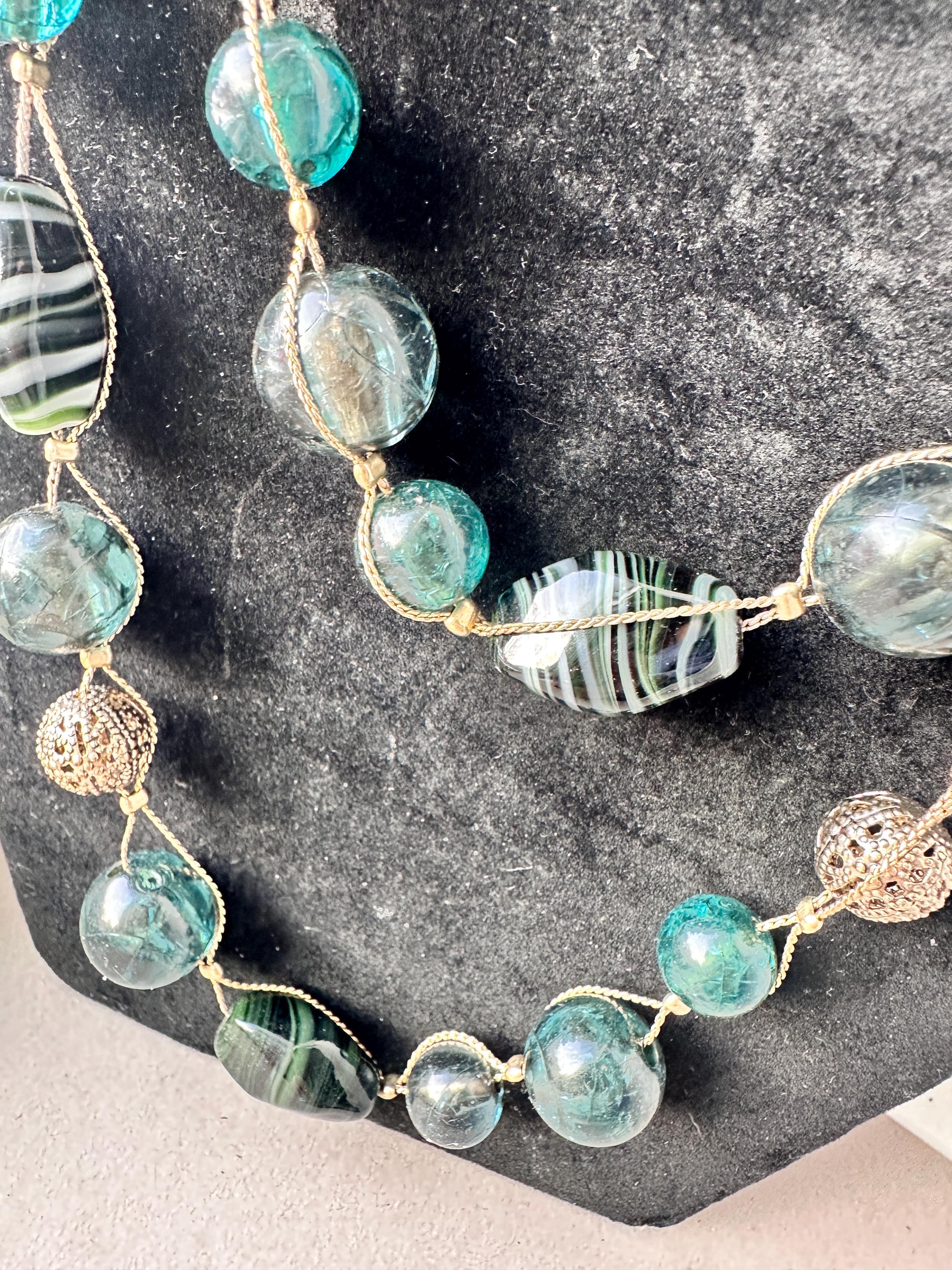 Vintage Liz Claiborne Teal Glass Bead Necklace • Double Strand LC Jewelry
