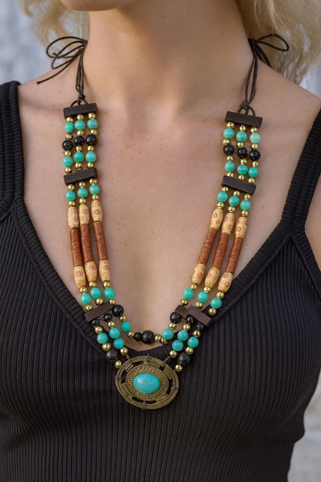 Boho Turquoise Medallion Necklace • Tribal Beaded Statement Jewelry
