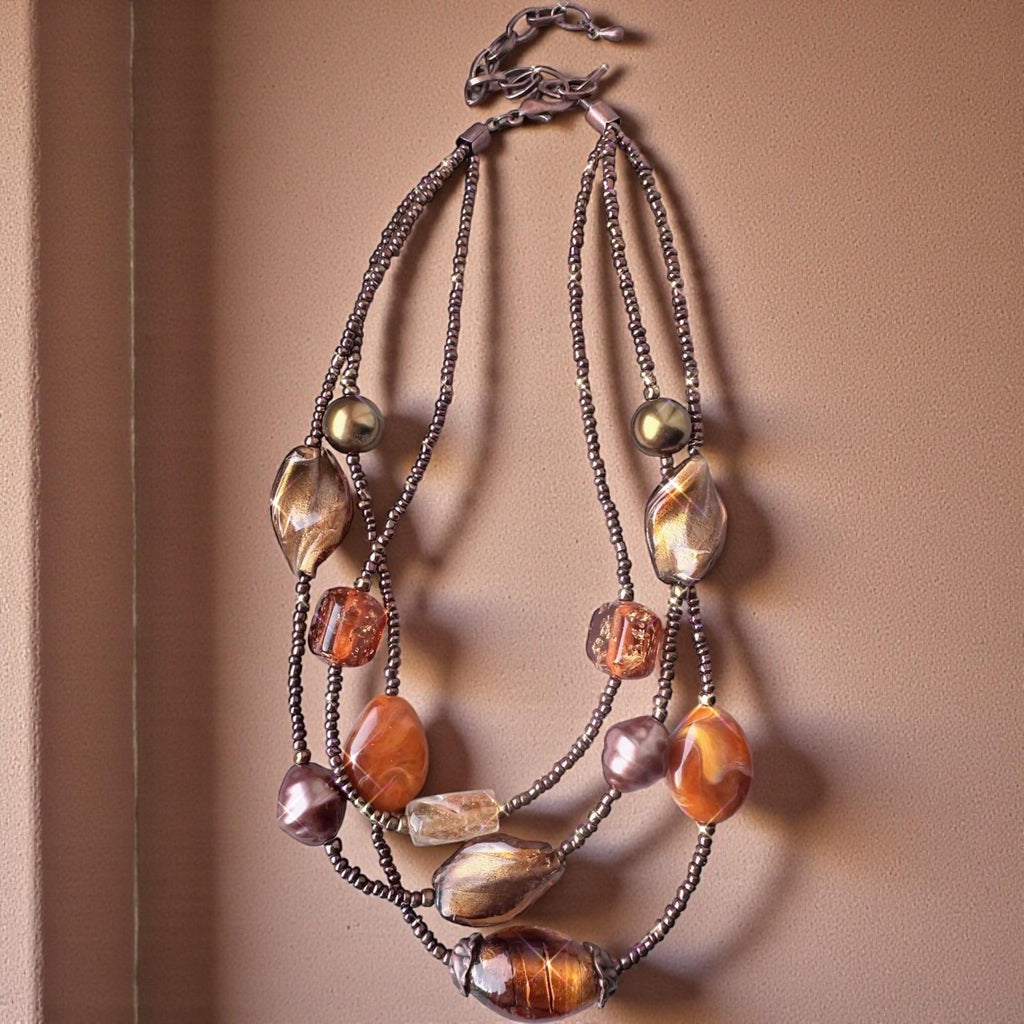 Copper Amber Beaded Statement Necklace, Boho Multi Strand Jewelry
