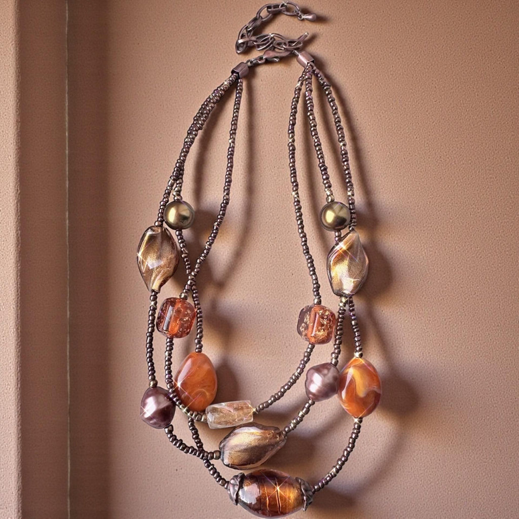 Copper Amber Beaded Statement Necklace, Boho Multi Strand Jewelry