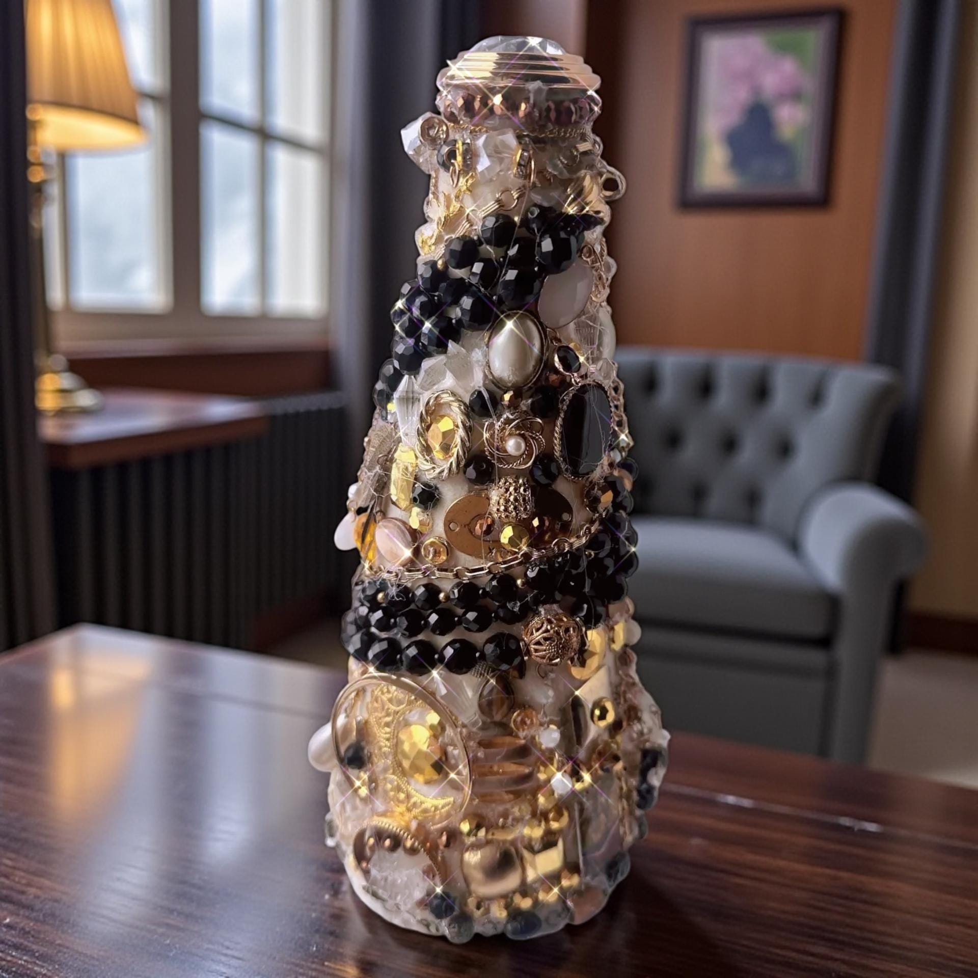Vintage Jewelry Christmas Tree Centerpiece – Handmade Upcycled Jewelry Decor – Black Gold Statement Table Decor – Holiday or Year-Round Disp