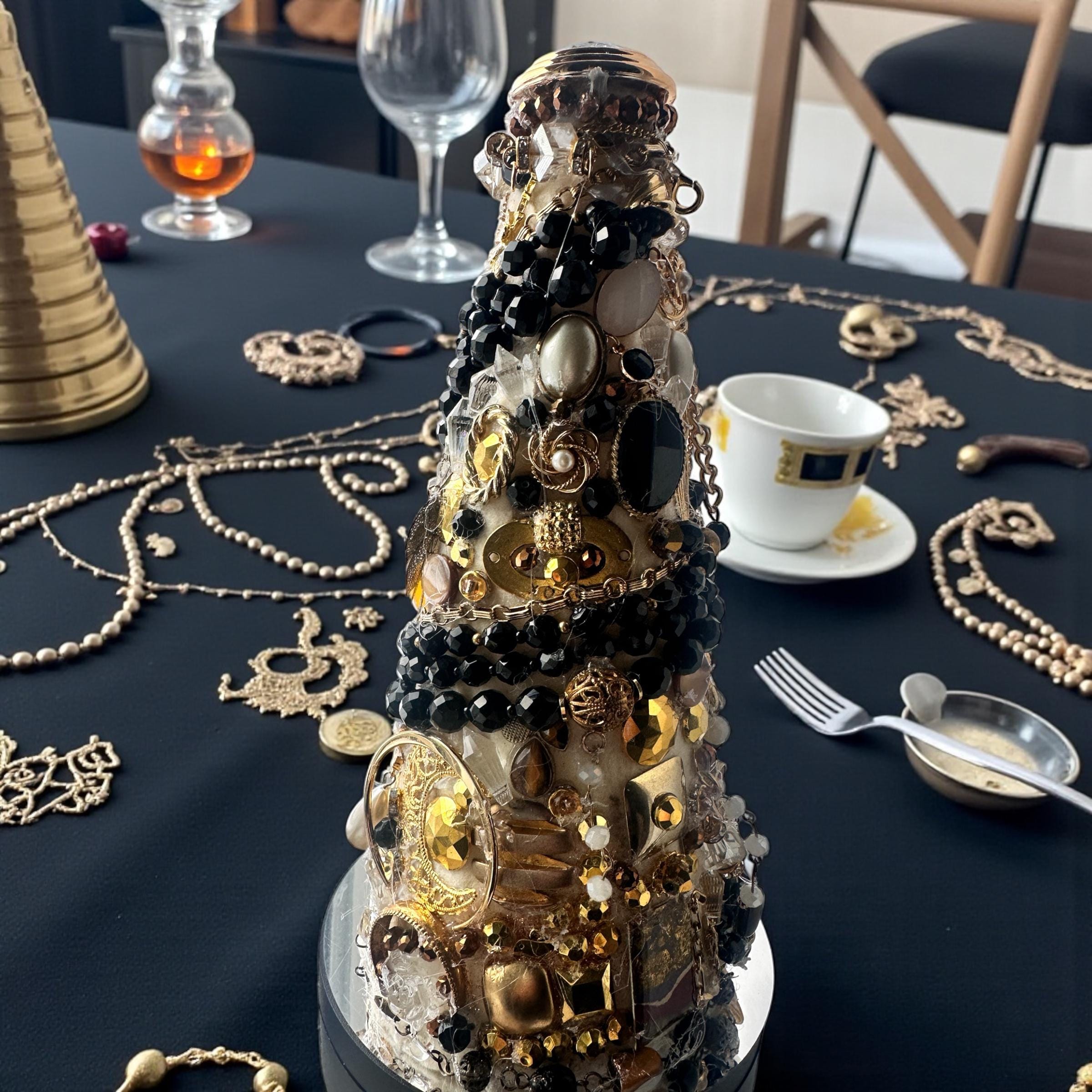 Vintage Jewelry Christmas Tree Centerpiece – Handmade Upcycled Jewelry Decor – Black Gold Statement Table Decor – Holiday or Year-Round Disp