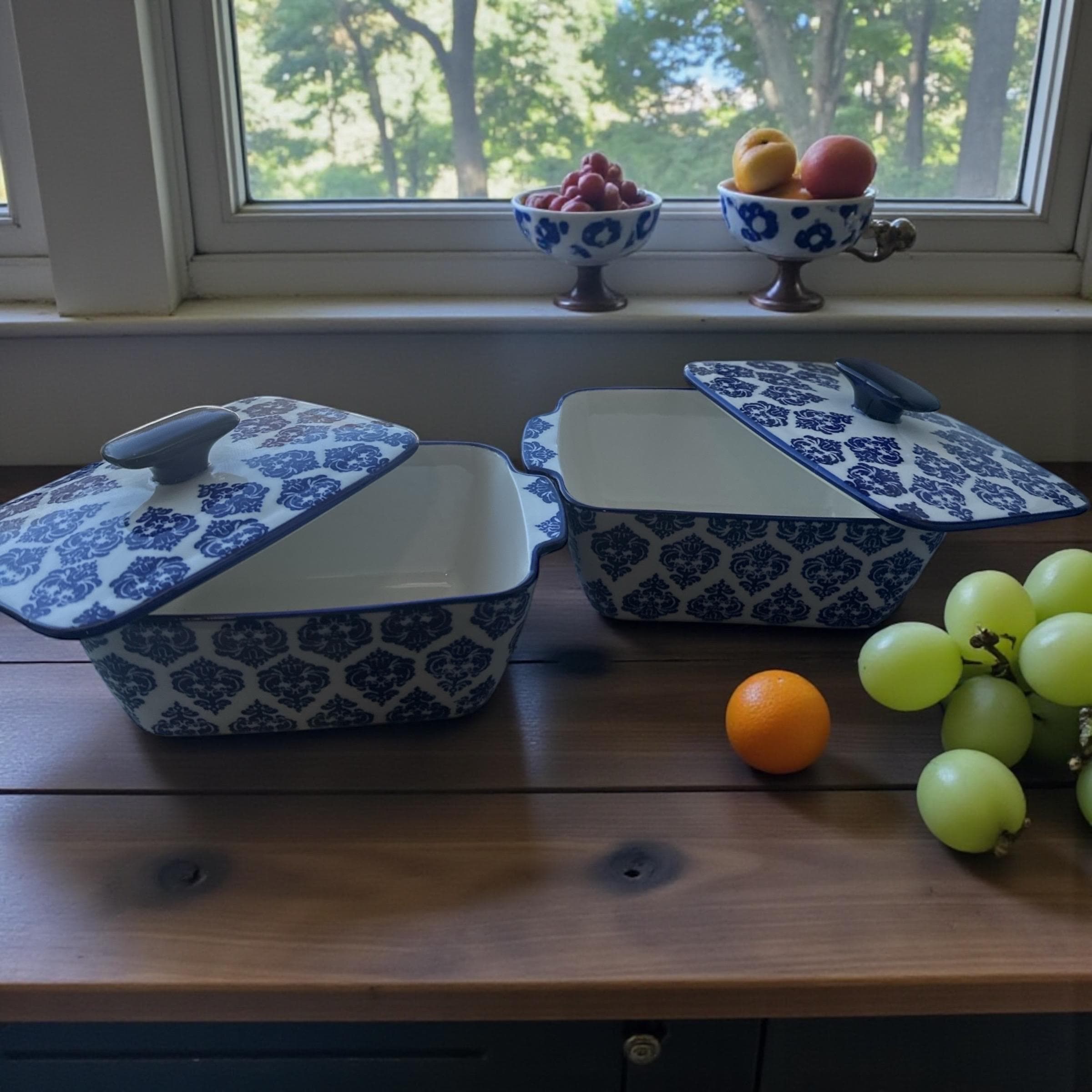 Vintage Blue & White Ceramic Covered Dishes – Set of 2 | Farmhouse Decor | Cottagecore Storage Bowls