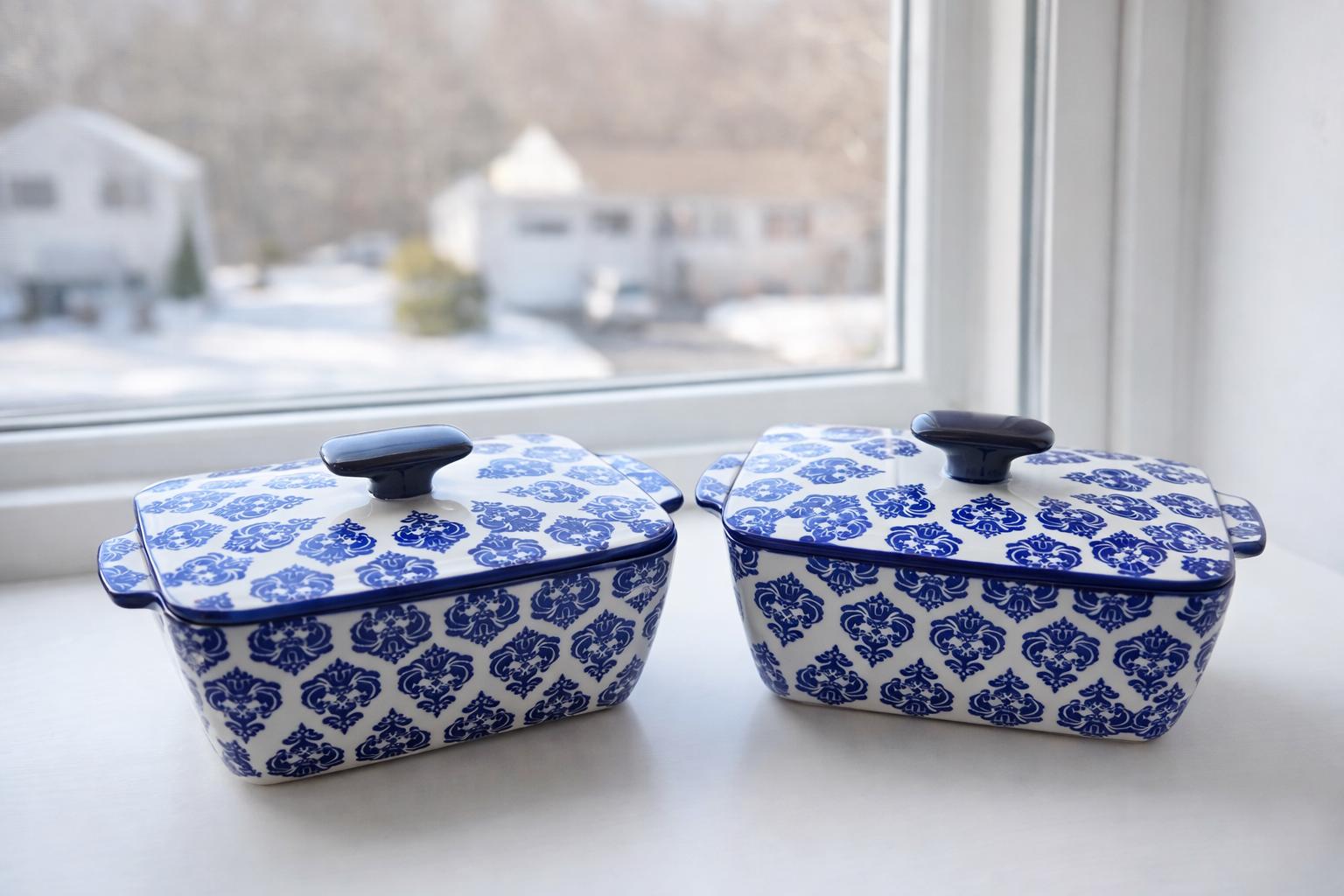 Vintage Blue & White Ceramic Covered Dishes – Set of 2 | Farmhouse Decor | Cottagecore Storage Bowls