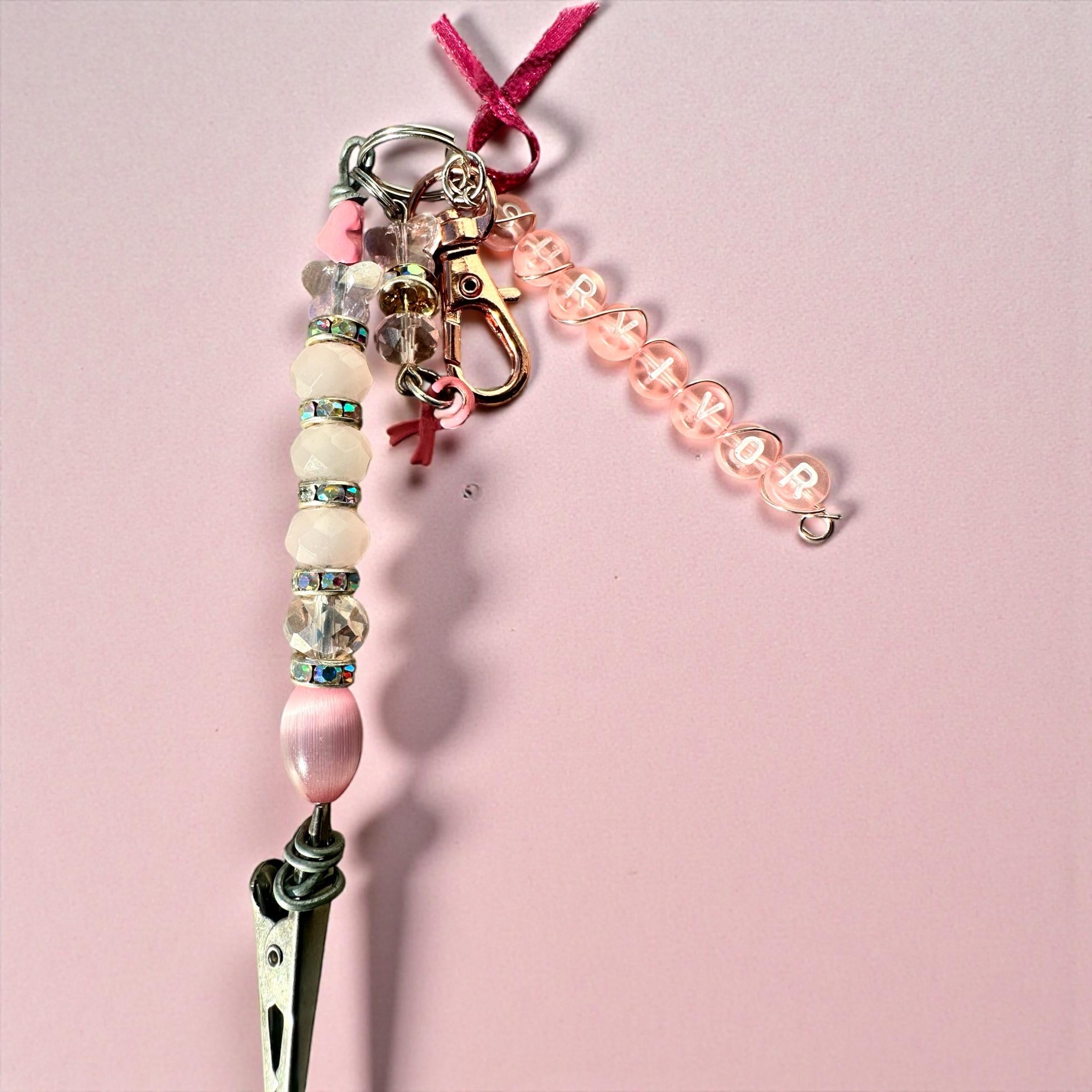 Pink Awareness Beaded ATM Card Clip | Long Nail Helper | Bracelet Buddy | Purse Charm Accessory