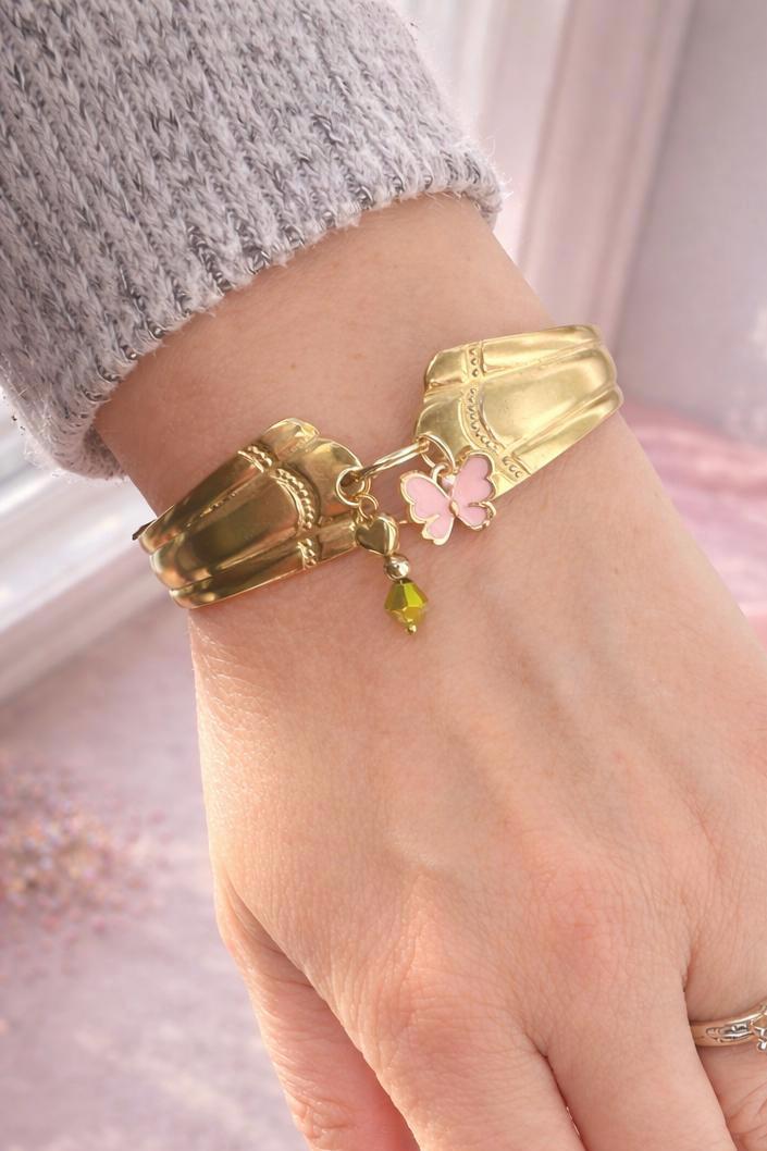 Upcycled Spoon Bracelet Set • Gold Plated, Pink Butterfly Charm velvet gift box included