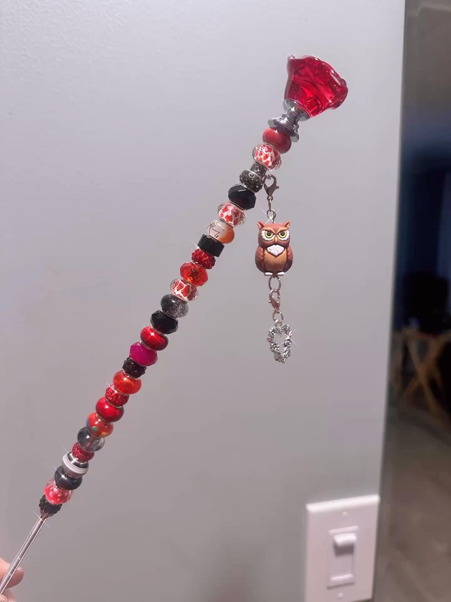 Garden Fairy Wand – Red 14 Inch Glass Rose Topper, with Charm, Valentines floral stick