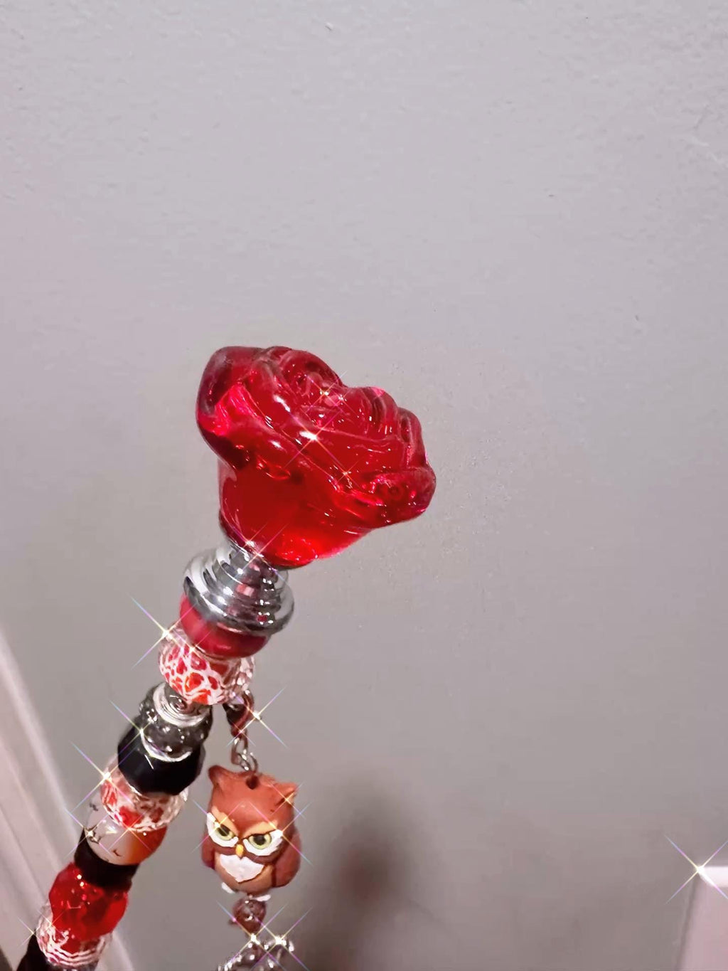 Garden Fairy Wand – Red 14 Inch Glass Rose Topper, with Charm, Valentines floral stick