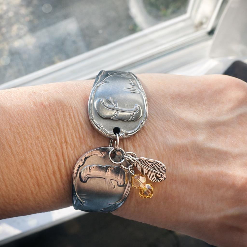 Handmade Spoon Bracelet – Canoe & Birch Bark Design Upcycled Stainless Steel Flatware Cuff | Rustic Woodland Jewelry | One of a Kind