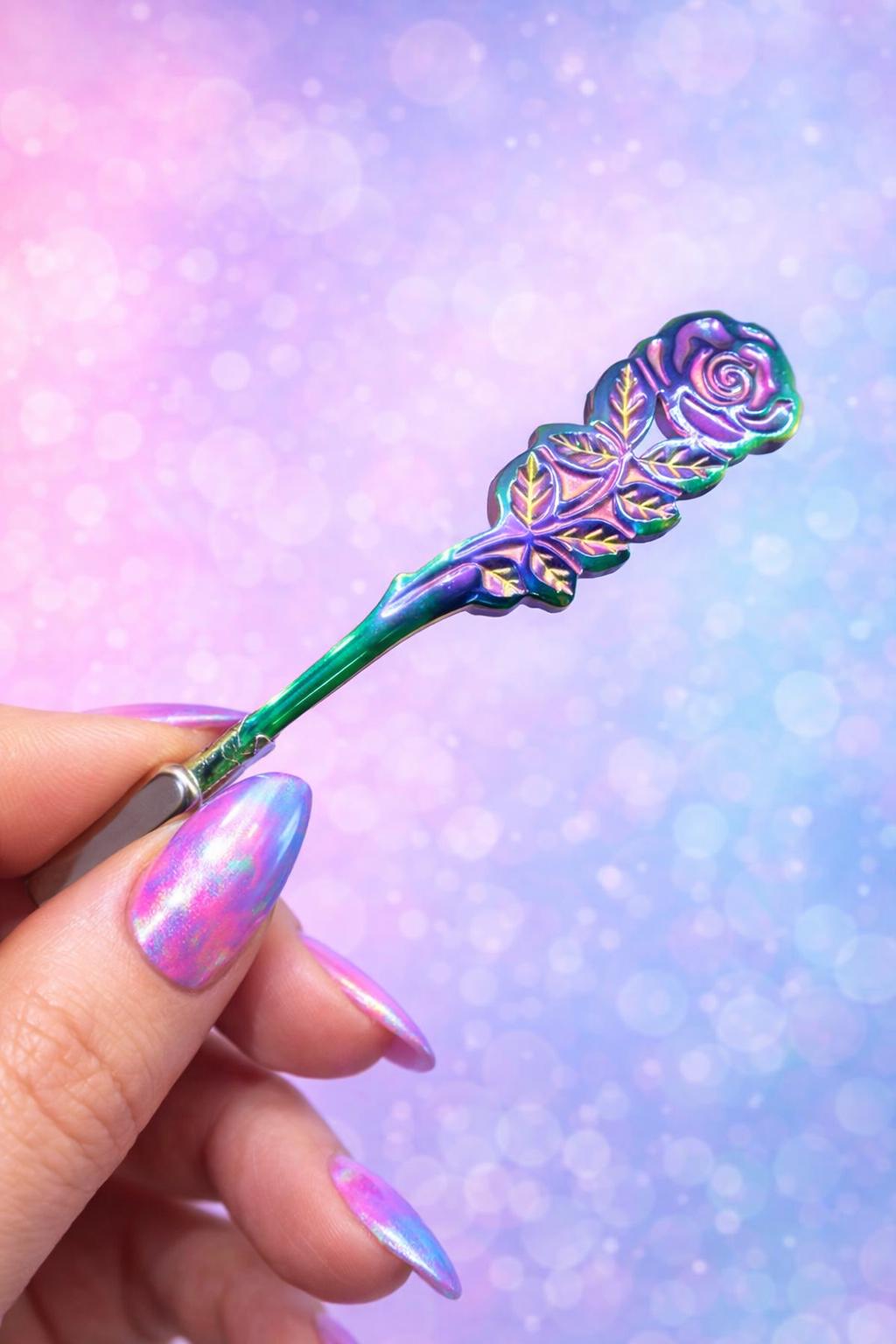 Iridescent Rose ATM Card Clip – Long Nail Helper – Floral Credit Card Grabber – Handmade Gift