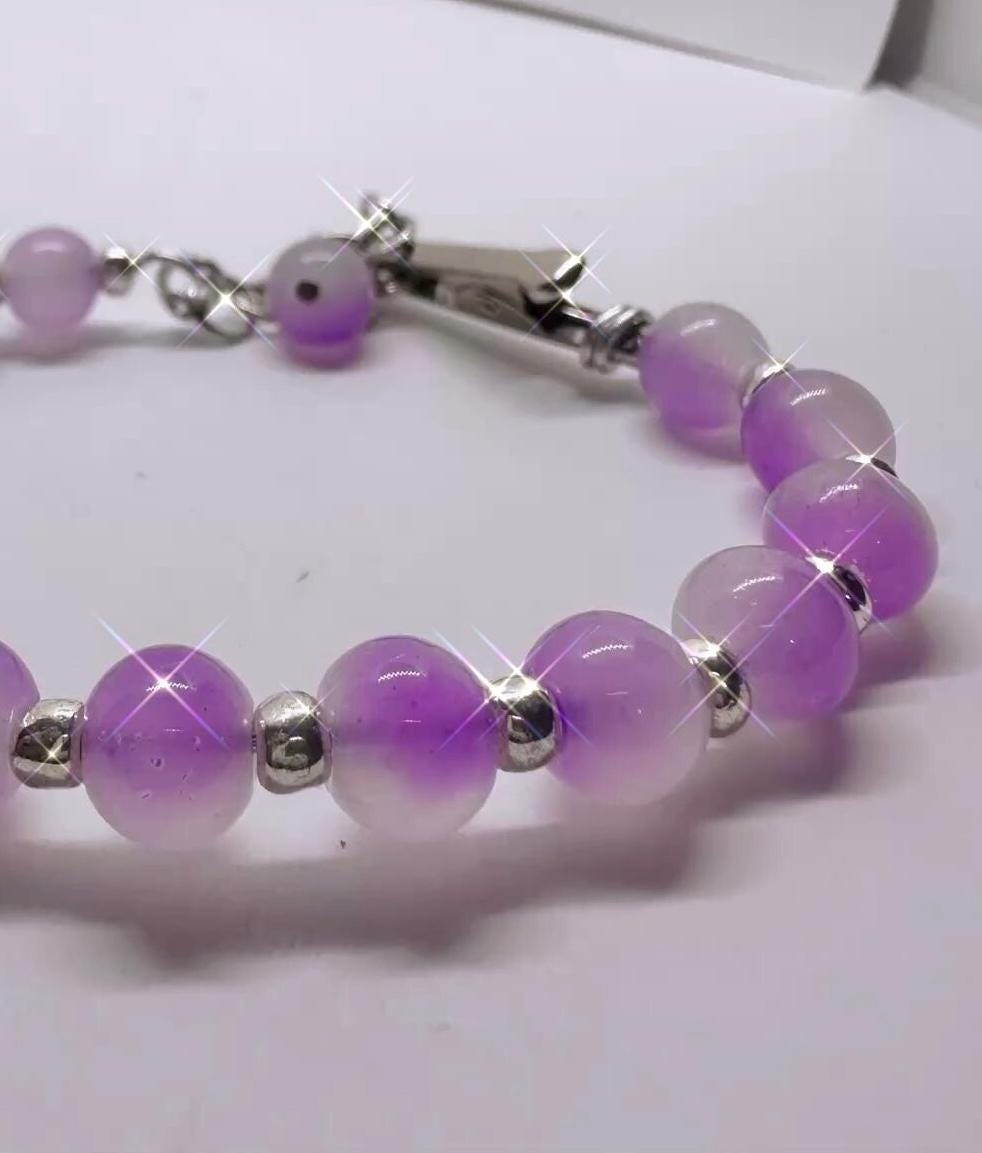 Lavender Chalcedony ATM Card Clip Bracelet | Long Nail Helper Bracelet | Credit Card Grabber Jewelry | Purple Beaded Bracelet Tool