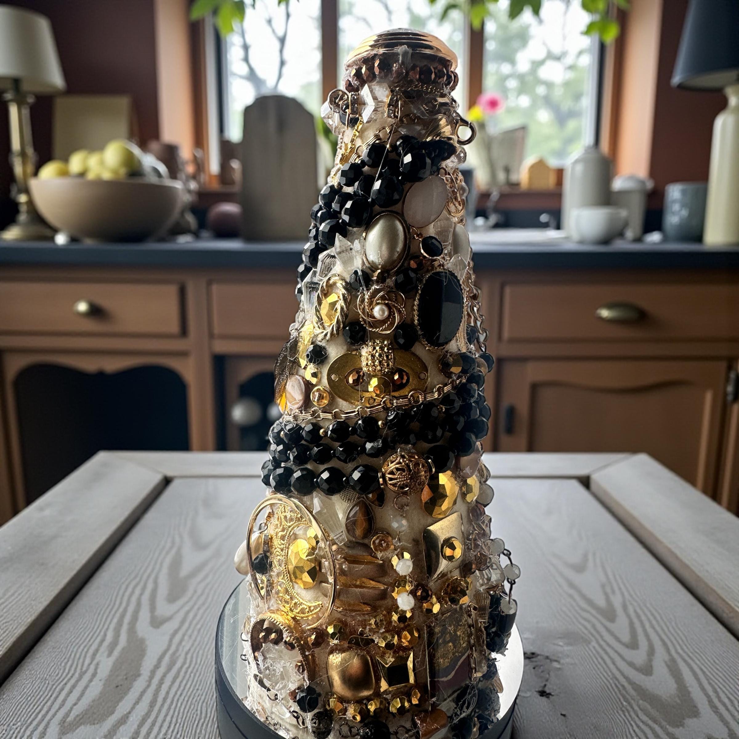 Vintage Jewelry Christmas Tree Centerpiece – Handmade Upcycled Jewelry Decor – Black Gold Statement Table Decor – Holiday or Year-Round Disp
