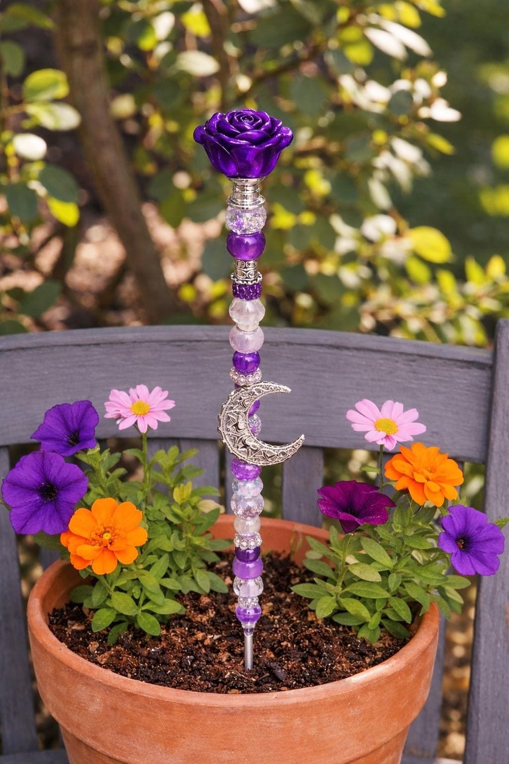 Garden Fairy Wand glass rose – Beaded Plant Stake with Charm spring home decor
