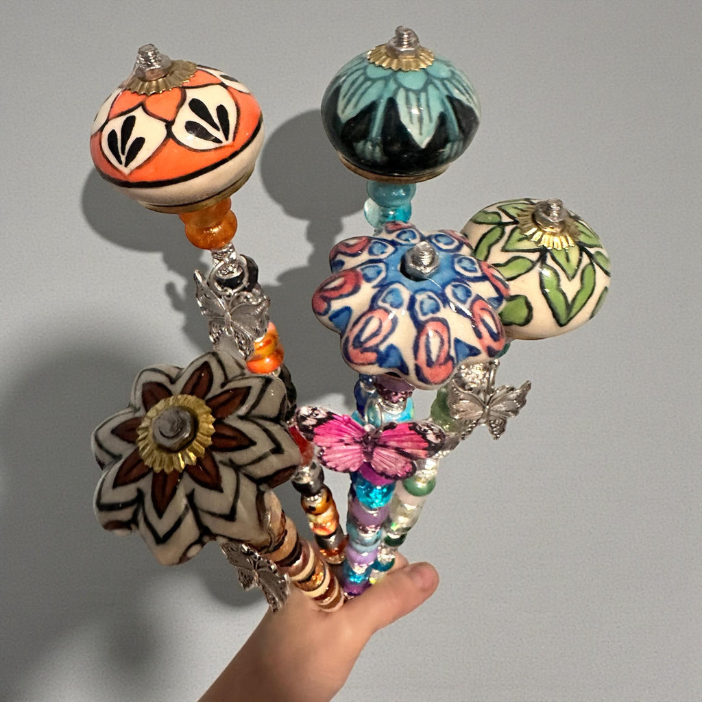Mushroom Garden Fairy Wand 16- 18 ‘’  long with Charms – Handmade Beaded Garden Decor – Whimsical Fairy Garden Stake