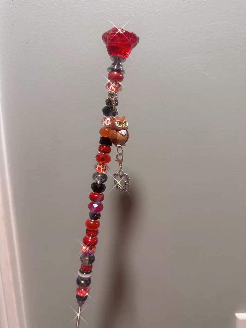 Garden Fairy Wand – Red 14 Inch Glass Rose Topper, with Charm, Valentines floral stick