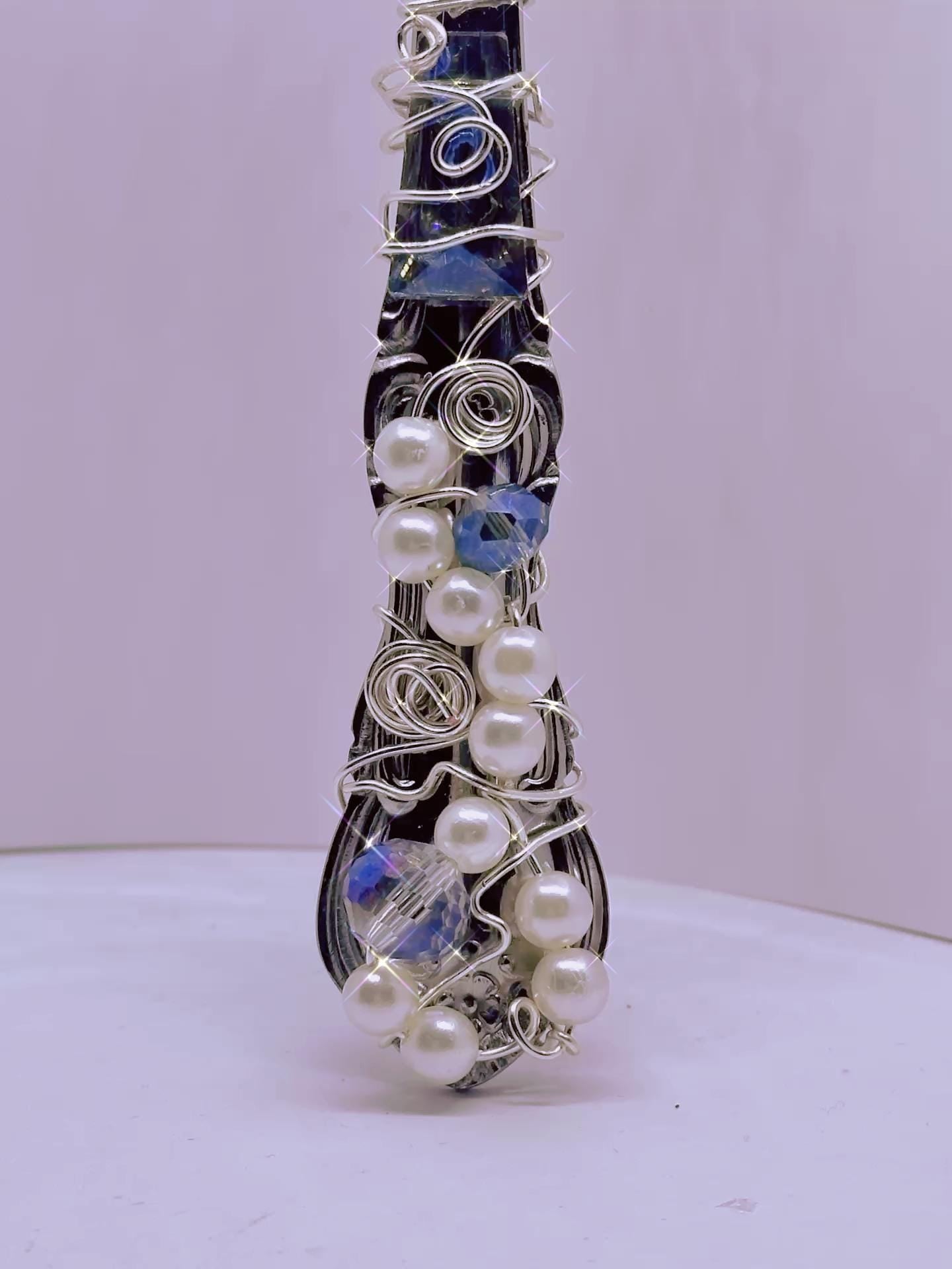 Vintage Silver Spoon Decorative Wand with Pearls & Blue Crystals – Handmade Beaded Spoon Art, Repurposed Silverware Decor,