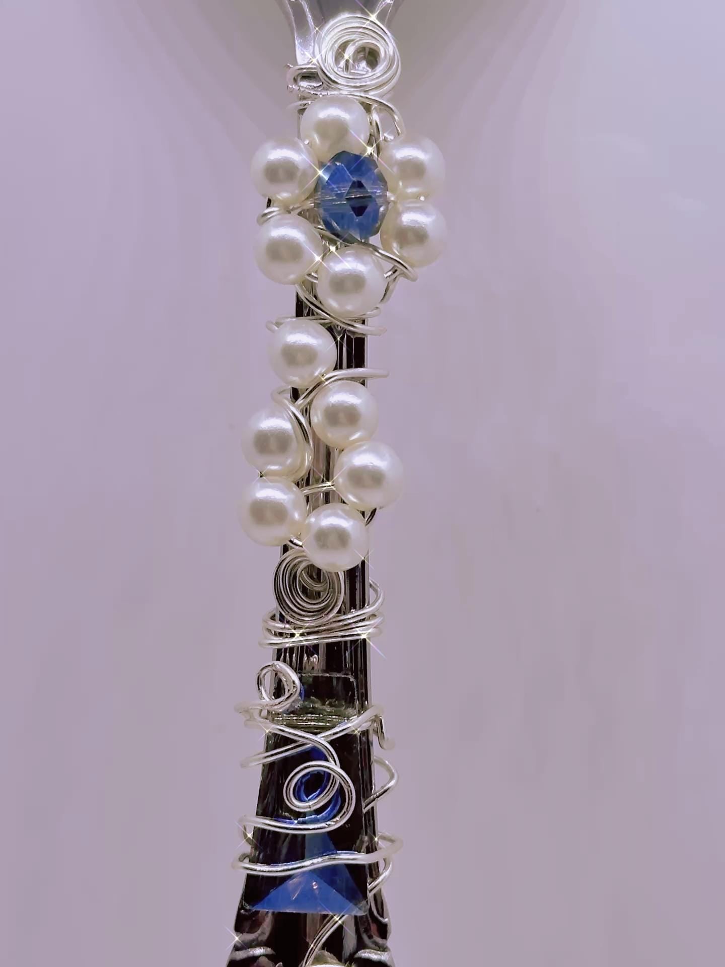 Vintage Silver Spoon Decorative Wand with Pearls & Blue Crystals – Handmade Beaded Spoon Art, Repurposed Silverware Decor,