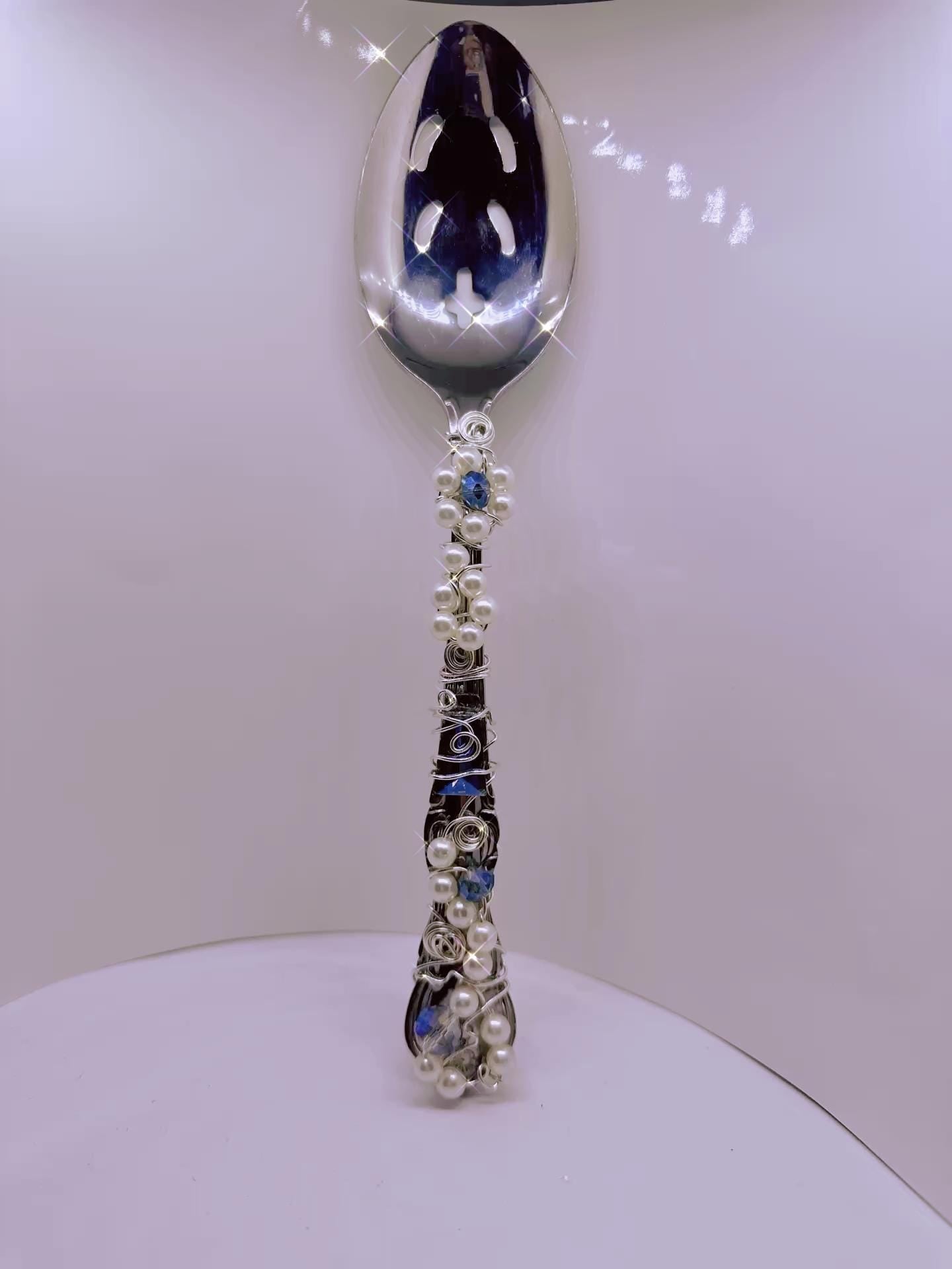 Vintage Silver Spoon Decorative Wand with Pearls & Blue Crystals – Handmade Beaded Spoon Art, Repurposed Silverware Decor,