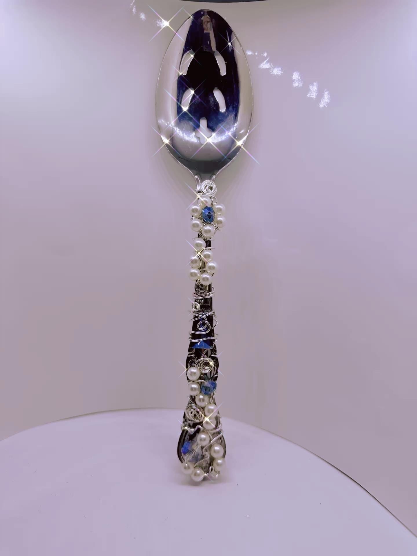 Vintage Silver Spoon Decorative Wand with Pearls & Blue Crystals – Handmade Beaded Spoon Art, Repurposed Silverware Decor,