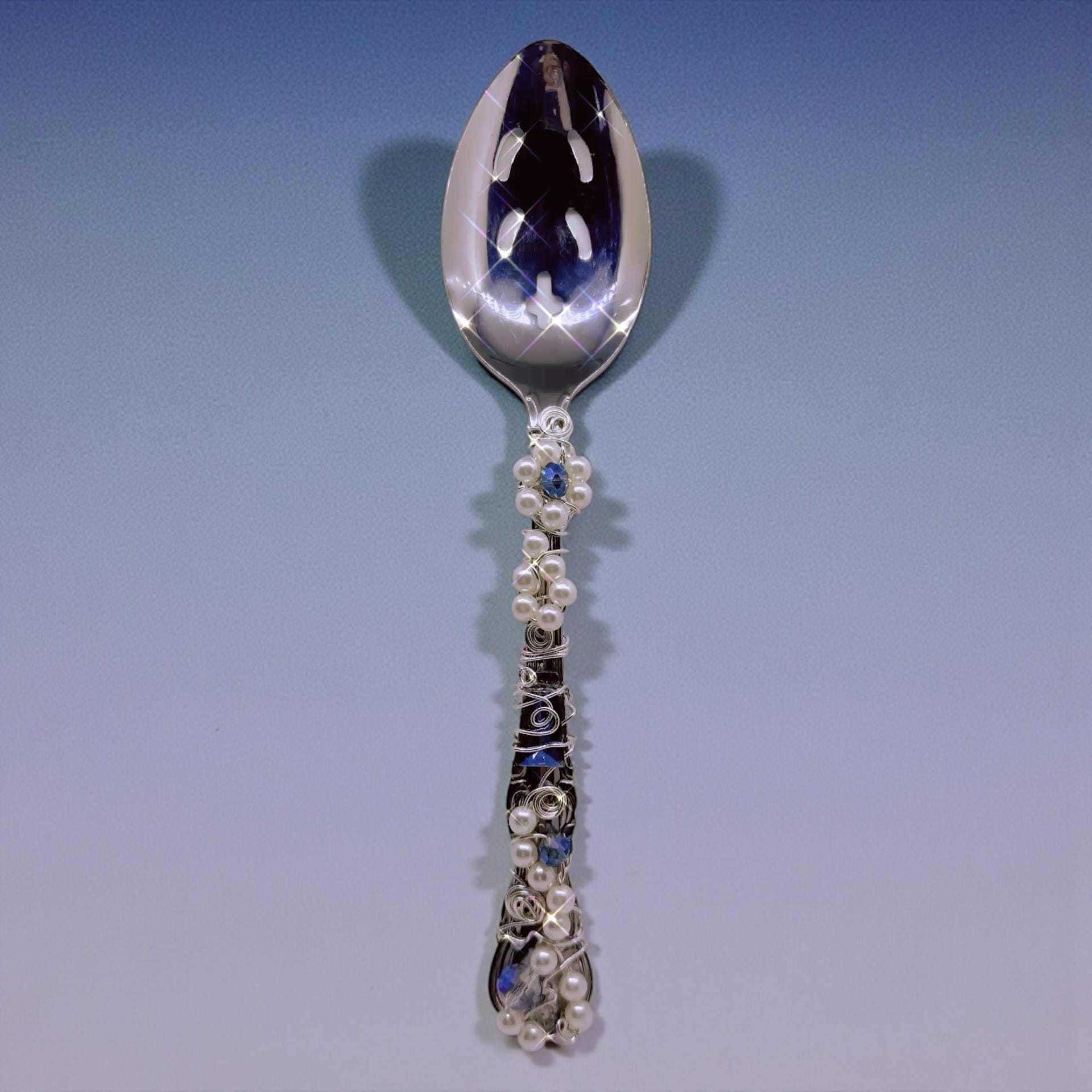 Vintage Silver Spoon Decorative Wand with Pearls & Blue Crystals – Handmade Beaded Spoon Art, Repurposed Silverware Decor,