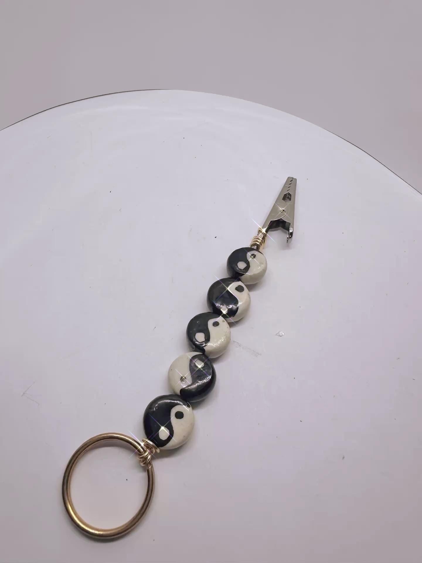 Yin Yang ATM Card Clip Bracelet Helper | Long Nail Card Grabber Keychain | Black White Ceramic Beads | Handmade Zipper Pull Accessory