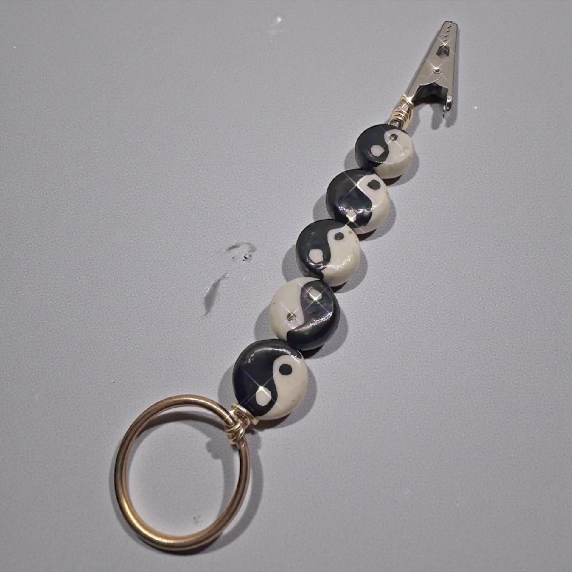 Yin Yang ATM Card Clip Bracelet Helper | Long Nail Card Grabber Keychain | Black White Ceramic Beads | Handmade Zipper Pull Accessory