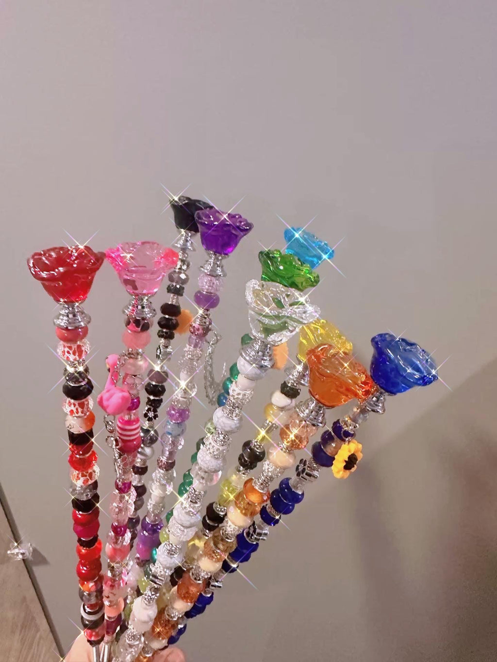 Garden fairy Wand Crystal arose  – Beaded Plant Stake with Removable Charms (16-18 Inch) spring home decor