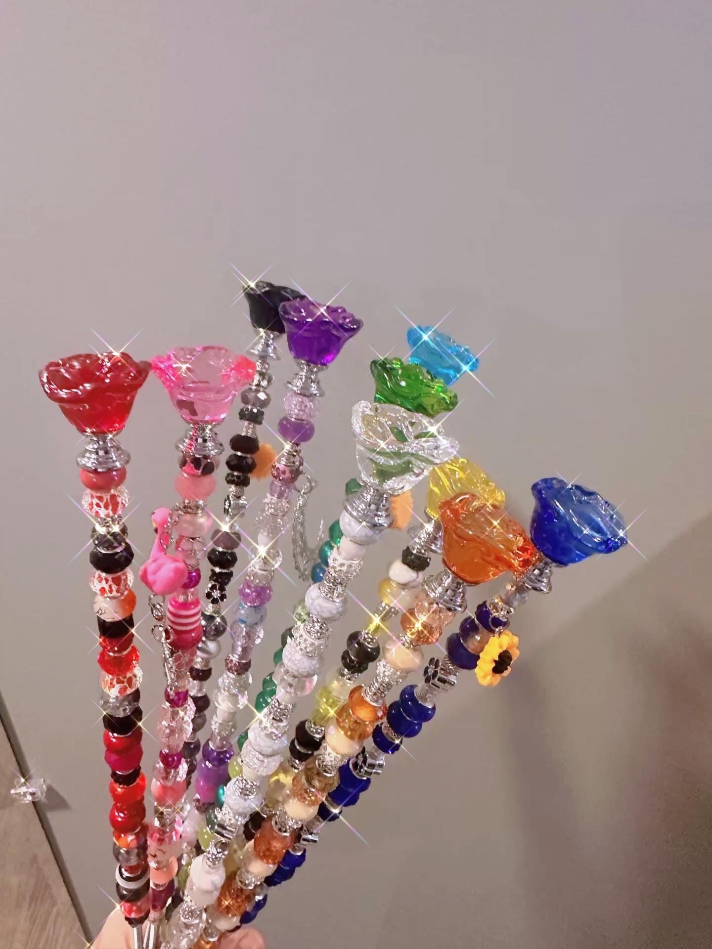 Garden fairy Wand Crystal arose  – Beaded Plant Stake with Removable Charms (16-18 Inch) spring home decor