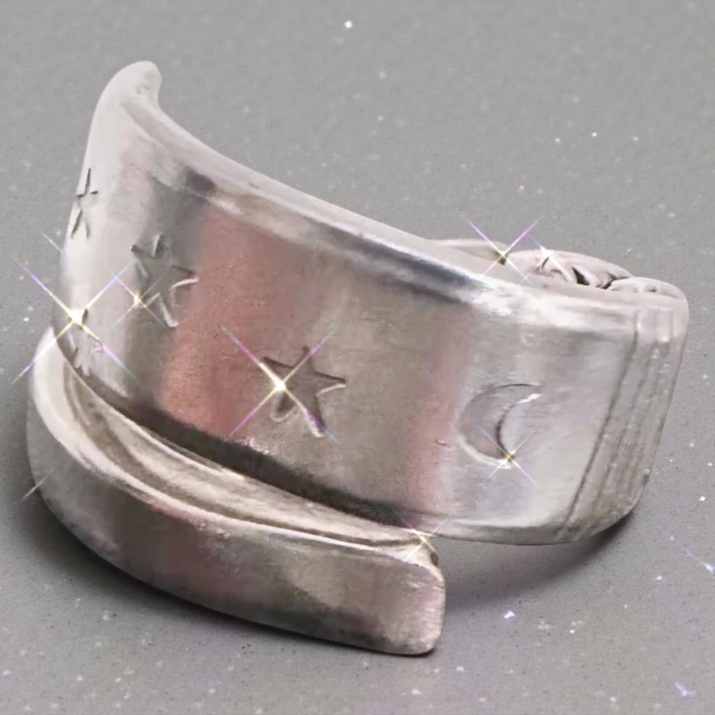 Hand Stamped Vintage Spoon Ring Moon and stars – Silver Plated Upcycled Flatware Jewelry