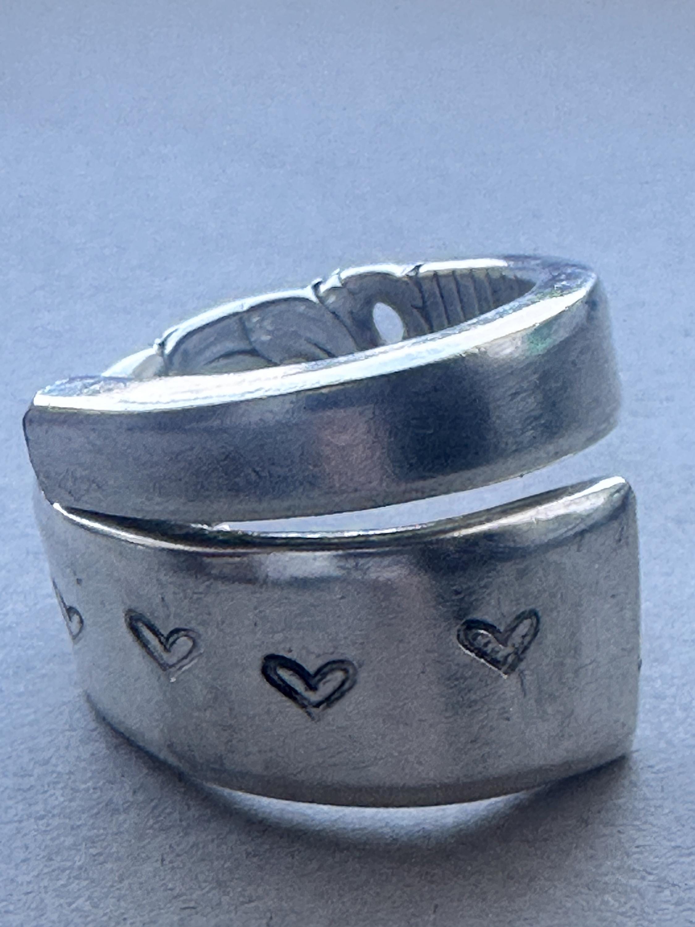 Vintage Spoon Ring Silver Plated – Hand Stamped Heart Band – Adjustable Reclaimed Flatware Ring – Valentine’s Day Gift for Her