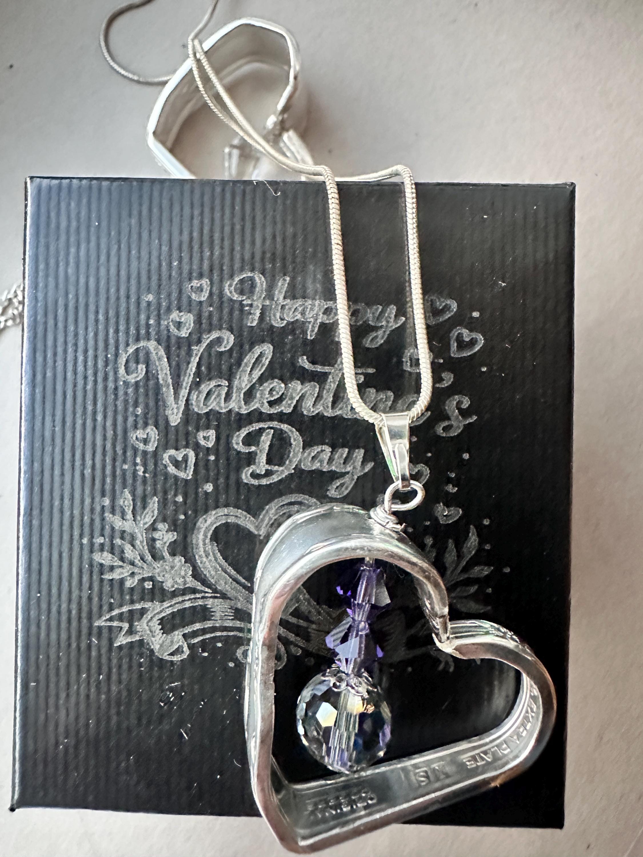 Upcycled Spoon Heart Necklace – Handmade Crystal Pendant – Romantic Gift Jewelry – Gift Box Included