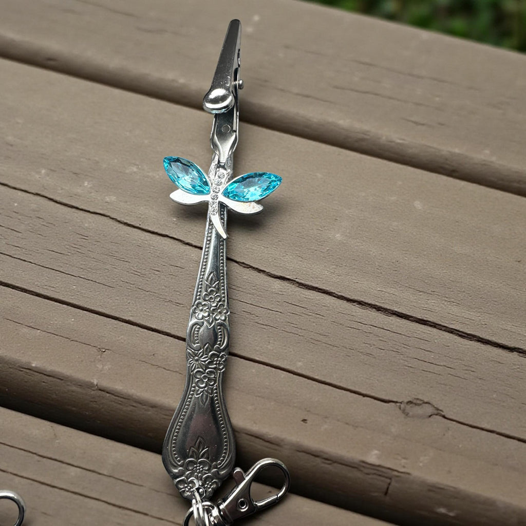 Vintage Spoon atm card clip long nail helper dragon fly or rose charm purse tool