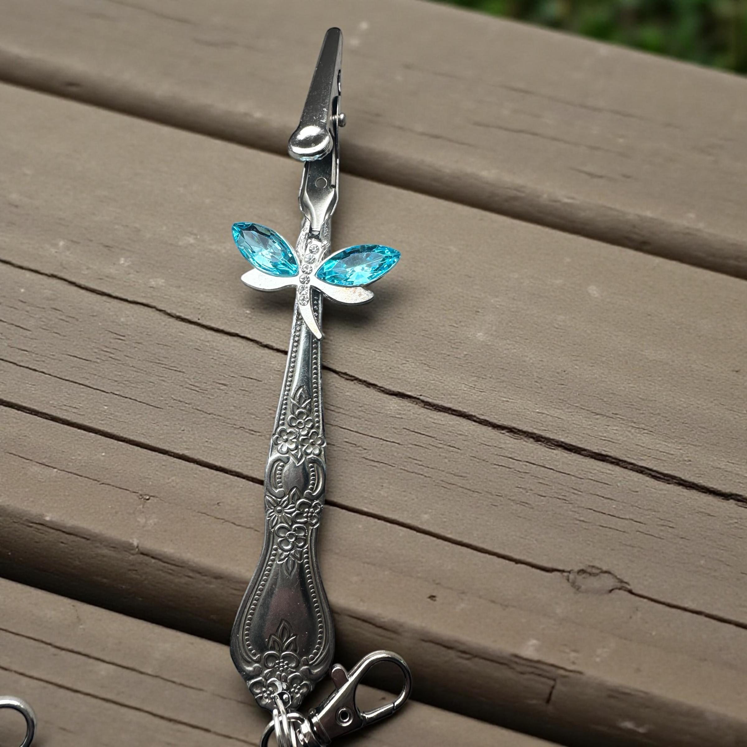 Vintage Spoon atm card clip long nail helper dragon fly or rose charm purse tool