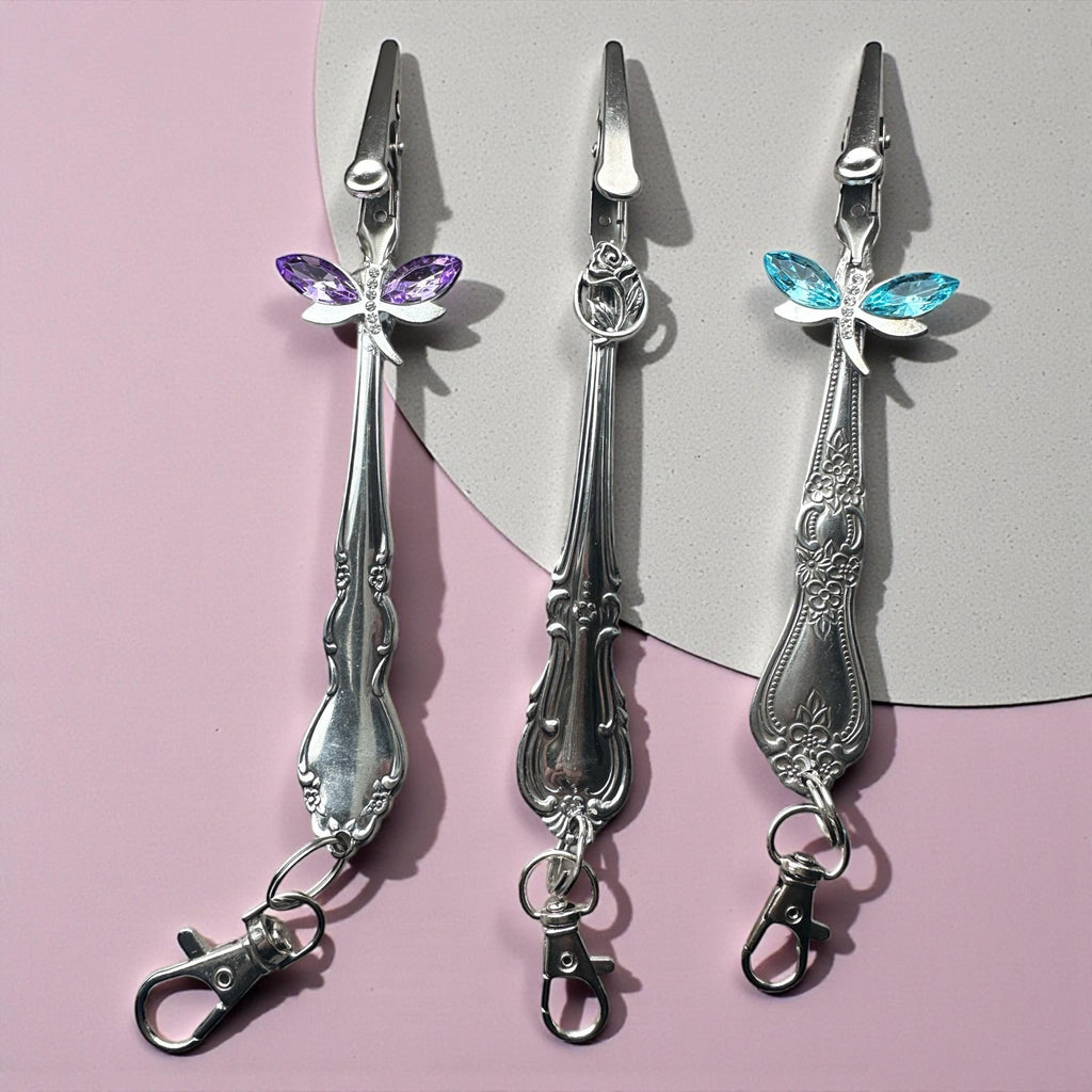 Vintage Spoon atm card clip long nail helper dragon fly or rose charm purse tool