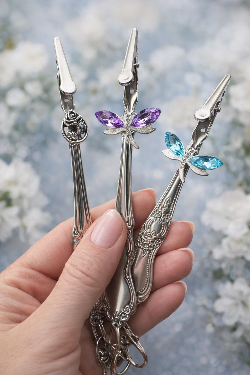 Vintage Spoon atm card clip long nail helper dragon fly or rose charm purse tool