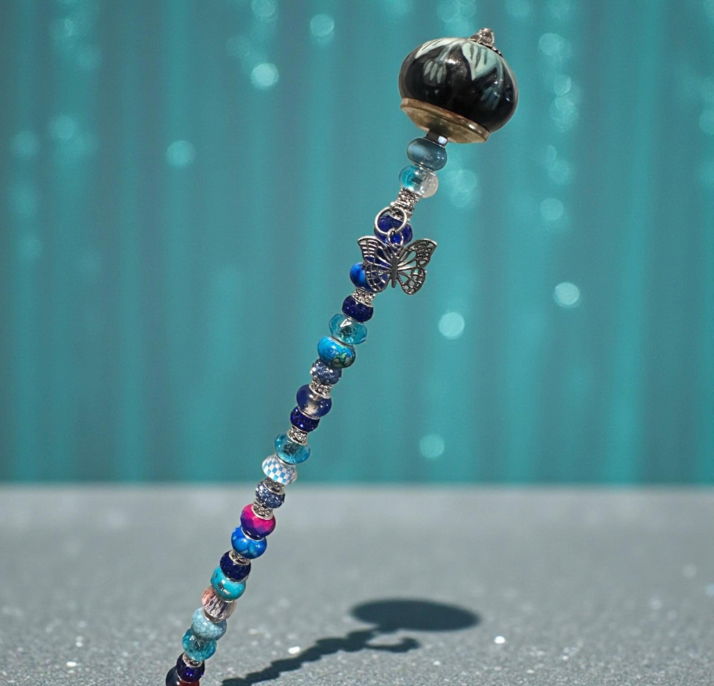 Mushroom Garden Fairy Wand 16- 18 ‘’  long with Charms – Handmade Beaded Garden Decor – Whimsical Fairy Garden Stake