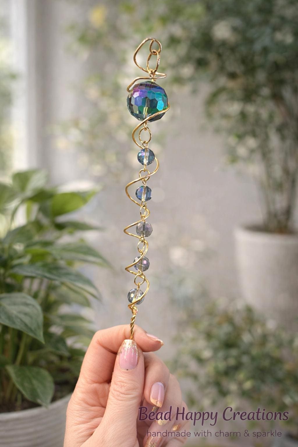 Handmade Crystal Beaded Plant Stick | Gold Wire Sun Catcher Accent 9 Inch spring addition