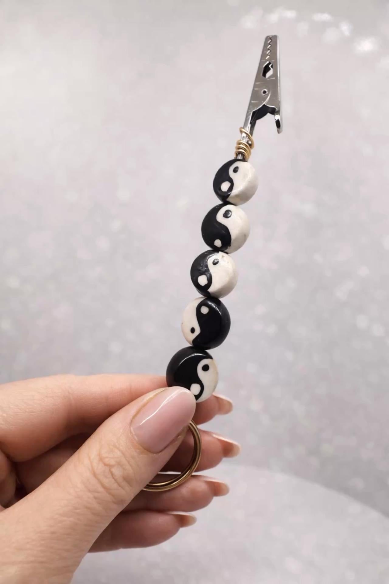 Yin Yang ATM Card Clip Bracelet Helper | Long Nail Card Grabber Keychain | Black White Ceramic Beads | Handmade Zipper Pull Accessory